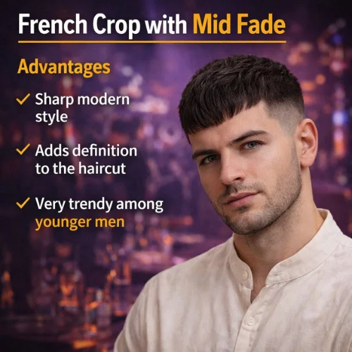 french crop haircut with mid fade for men with beard showing sharp contrast modern trendy hairstyle in club