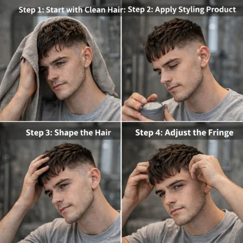 Man styling French crop low taper haircut using matte clay