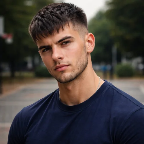 short french crop haircut thick hair men navy blue shirt rough style modern look