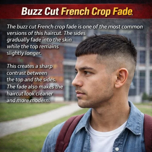 Short buzz cut French crop fade hairstyle with clean sides and defined top
