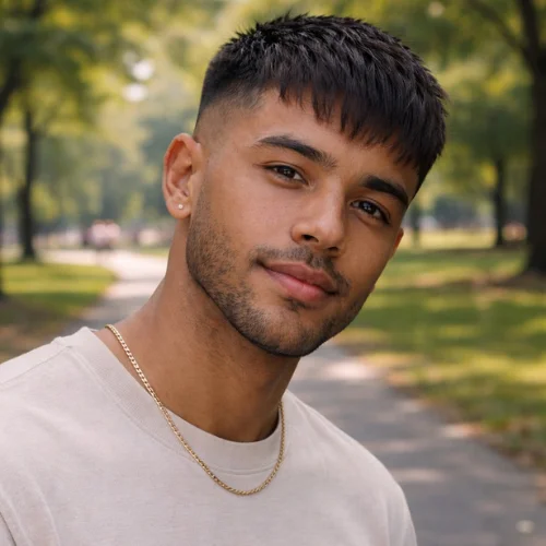 French crop haircut for straight hair with textured fringe and low fade on a stylish man in a park