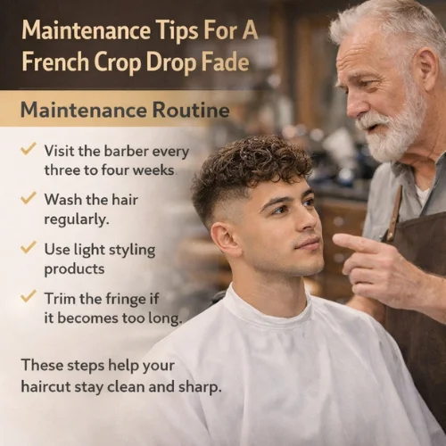french crop drop fade haircut maintenance in barber shop old barber explaining haircut care to young man keeping fade clean and sharp

