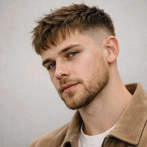 french crop haircut with fade and sharp hair design on the side showing modern mens hairstyle in barbershop