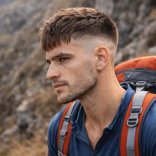 french crop skin fade textured fringe haircut on man hiking in mountain