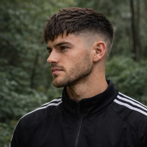 Classic textured French crop low fade haircut on man in jungle wearing tracksuit