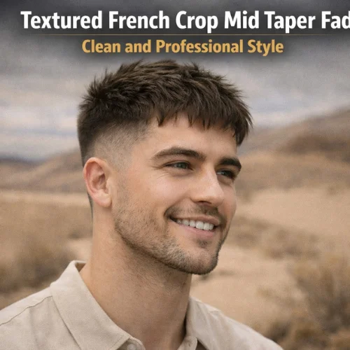 textured french crop mid taper fade mens haircut with natural taper neckline and textured fringe smiling man in desert