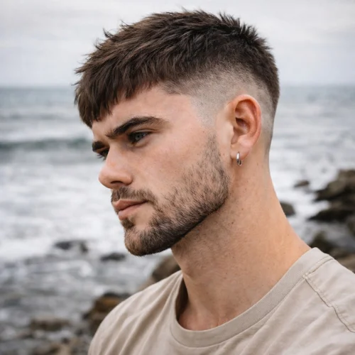 Low Burst Fade French Crop haircut on young man with subtle fade at sea shore