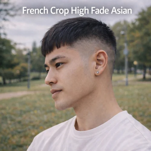 French Crop High Asian haircut on young man with straight fringe and clean high fade in park