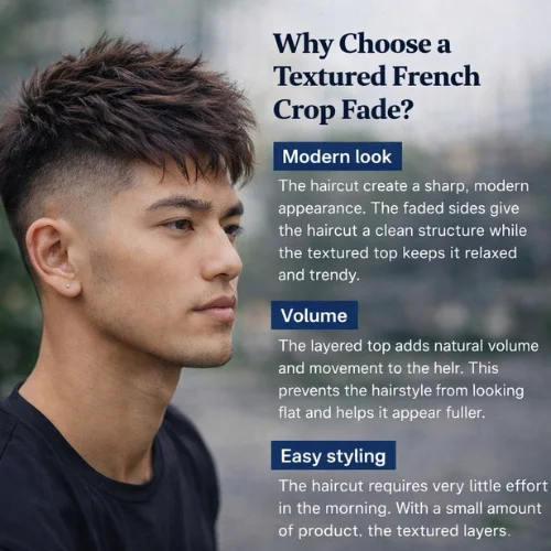 textured french crop fade mens haircut with layered textured top and clean faded sides