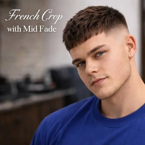 french crop haircut with mid fade round face men modern sharp style