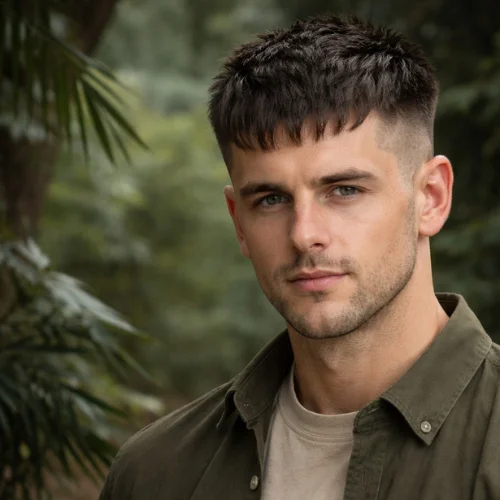 French crop haircut with low fade for heart-shaped face men clean fade textured top jungle outdoor style
