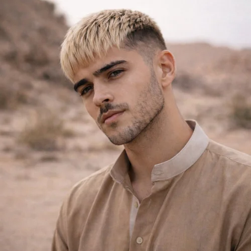 french crop blonde straight hair haircut with clean lines and smooth texture for arab man in desert stylish mens hairstyle usa