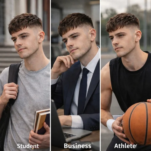 Men with different face shapes showing French crop low taper