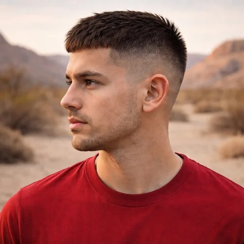 Buzz cut French crop low fade haircut on young man wearing red shirt