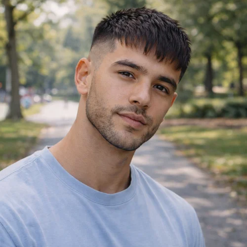 French crop haircut for straight hair with textured fringe and low fade on a young man standing in a park pathway