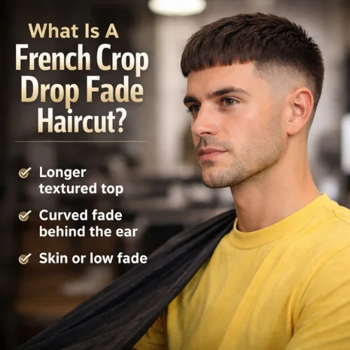 French crop drop fade haircut for men with short textured fringe and curved fade being styled in barber shop by barber
