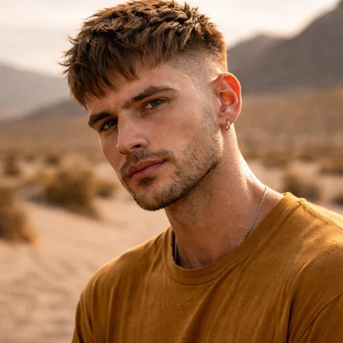 modern french crop textured fringe haircut on man wearing dark yellow shirt in desert