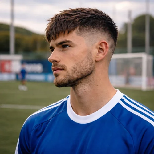 Low skin fade textured French crop haircut on soccer player