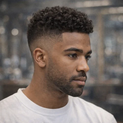 textured french crop mid fade curly hair mens haircut with natural curls and clean faded sides sharp modern look