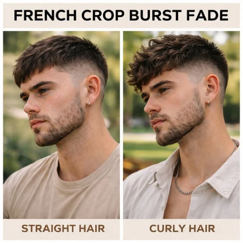 French Crop Burst Fade for Straight Hair and Curly Hair showing clean burst fade and textured top styles
