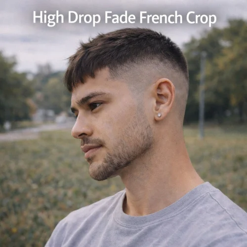 High Drop Fade French Crop men’s hairstyle featuring curved fade detail and sharp modern crop