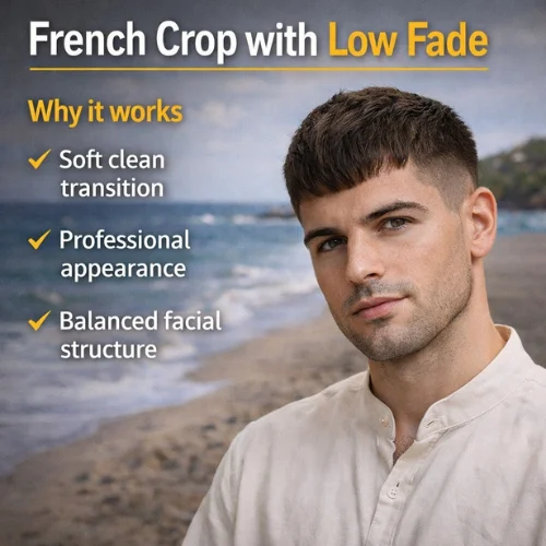 french crop haircut with low fade for men oval face showing clean sides soft blend and modern hairstyle at seashore
