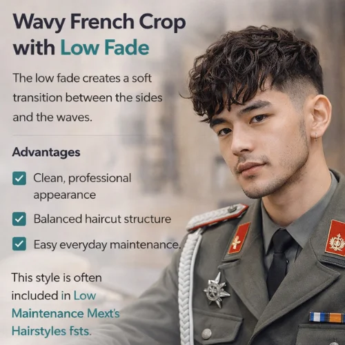 wavy french crop with low fade haircut for men clean professional wavy hairstyle with textured top
