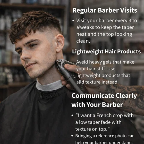 Barber trimming French crop low taper haircut in barbershop