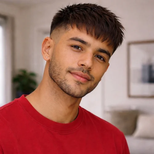 French crop haircut for straight hair with textured fringe and low fade on a young man indoors