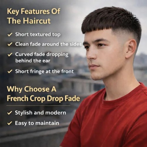 French crop drop fade haircut for men with textured top and curved drop fade shown on Asian boy wearing red shirt on rooftop
