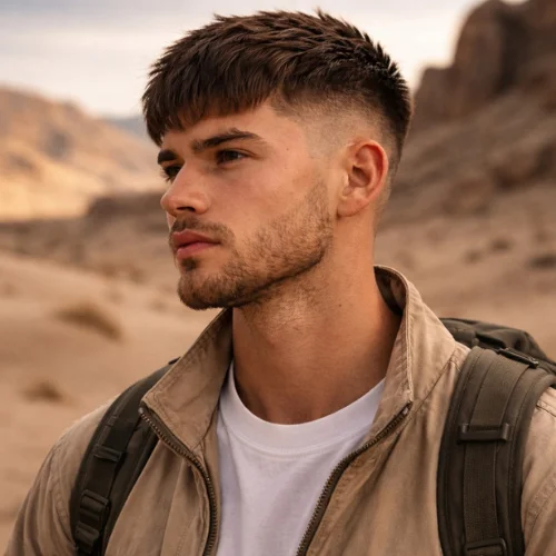 Blunt fringe French crop low fade haircut on desert boy