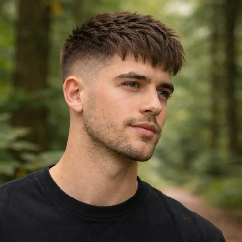 textured fringe french crop mid fade mens haircut with defined fringe and clean faded sides boy standing in jungle