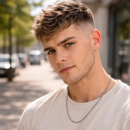 modern textured french crop haircut round face men stylish trendy look