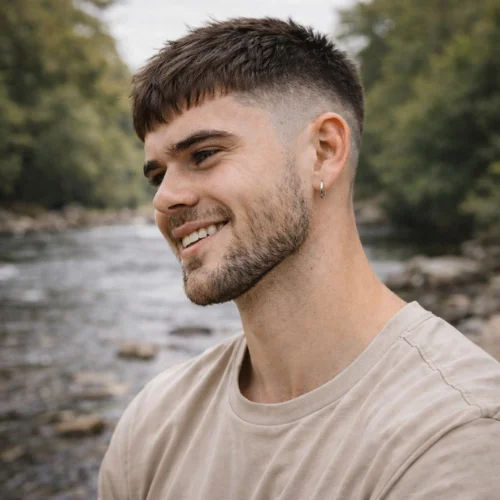 Short French Crop Burst Fade haircut on smiling man with clean tight fade near river bank
