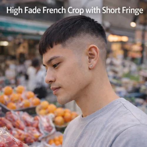 High Fade French Crop with Short Fringe on young man with clean fade shopping in market