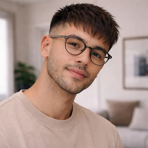 French crop haircut for straight hair with textured fringe and low fade on a man wearing glasses indoors