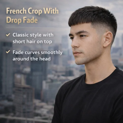 French crop with drop fade haircut classic mens hairstyle with short textured top and curved fade shown on young man wearing black shirt in high rise building setting
