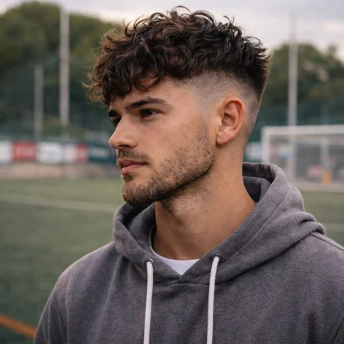 Messy textured French crop low fade haircut on boy in playground