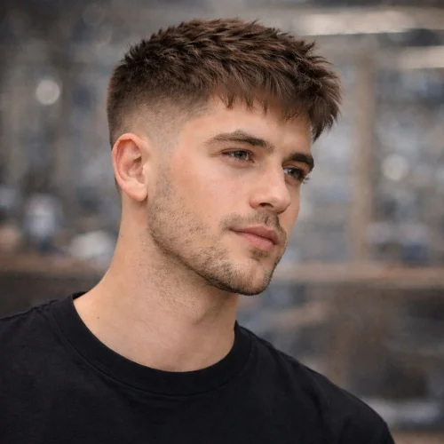 short textured french crop mid fade mens haircut with clean faded sides and low maintenance modern style