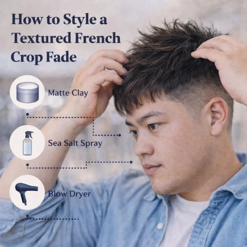 how to style textured french crop fade mens haircut using matte clay sea salt spray and blow dryer