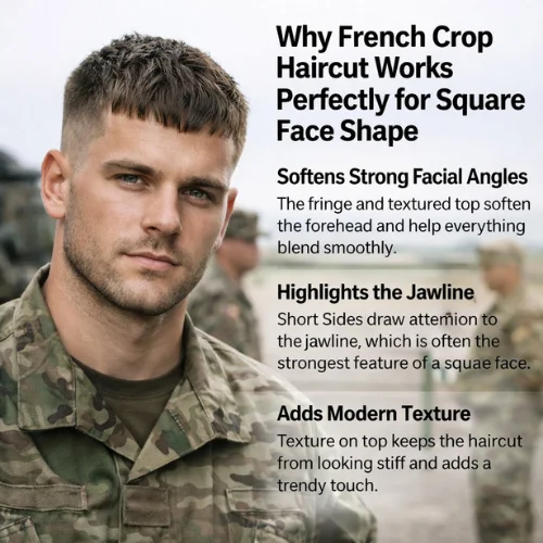 French crop haircut square face army style man clean fade sides textured top sharp jawline modern look