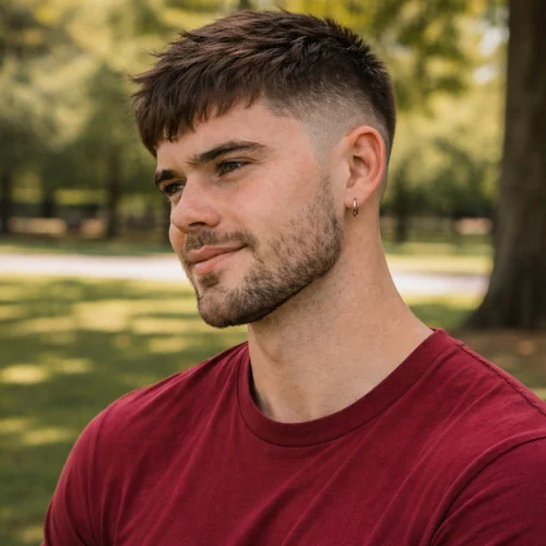 French Crop Burst Fade Crop Top haircut on man wearing red shirt in park with textured fringe