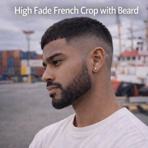 High Fade French Crop with Beard on young man with sharp fade and defined beard in shipyard
