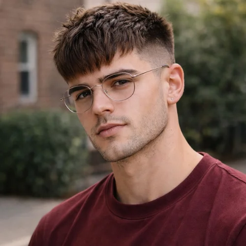 french crop haircut textured fringe men maroon shirt glasses modern hairstyle