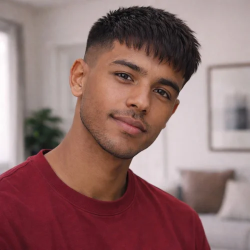 French crop haircut for straight hair with textured fringe and low fade on a young man indoors