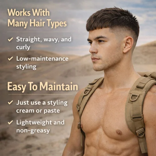 French crop drop fade haircut for men textured top curved fade hairstyle on muscular man in desert showing low maintenance mens haircut style
