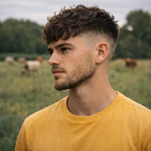 Wavy textured French crop low fade haircut on man in grazing field wearing yellow shirt