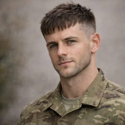 French crop haircut with taper fade for heart-shaped face men classic hairstyle subtle fade camouflage outfit