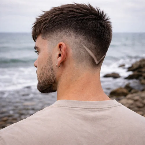 French Crop Burst Fade V Shape haircut on bearded man with sharp V design at sea shore
