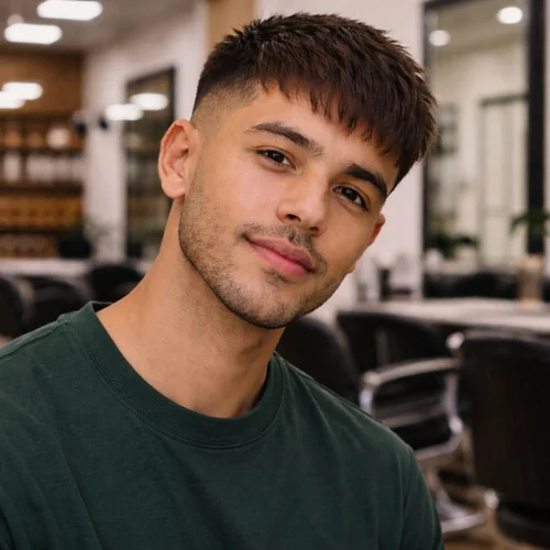 French crop haircut for straight hair with textured fringe and low fade on a young man in a barbershop